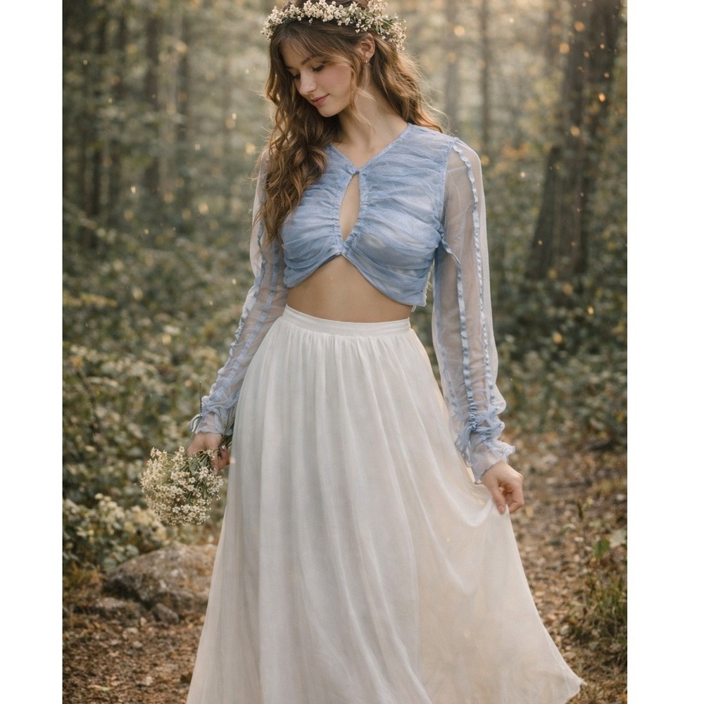 Missguided Sheer Ruched Mesh Crop Top Blue Tie Front Long Sleeve Y2K Fairycore